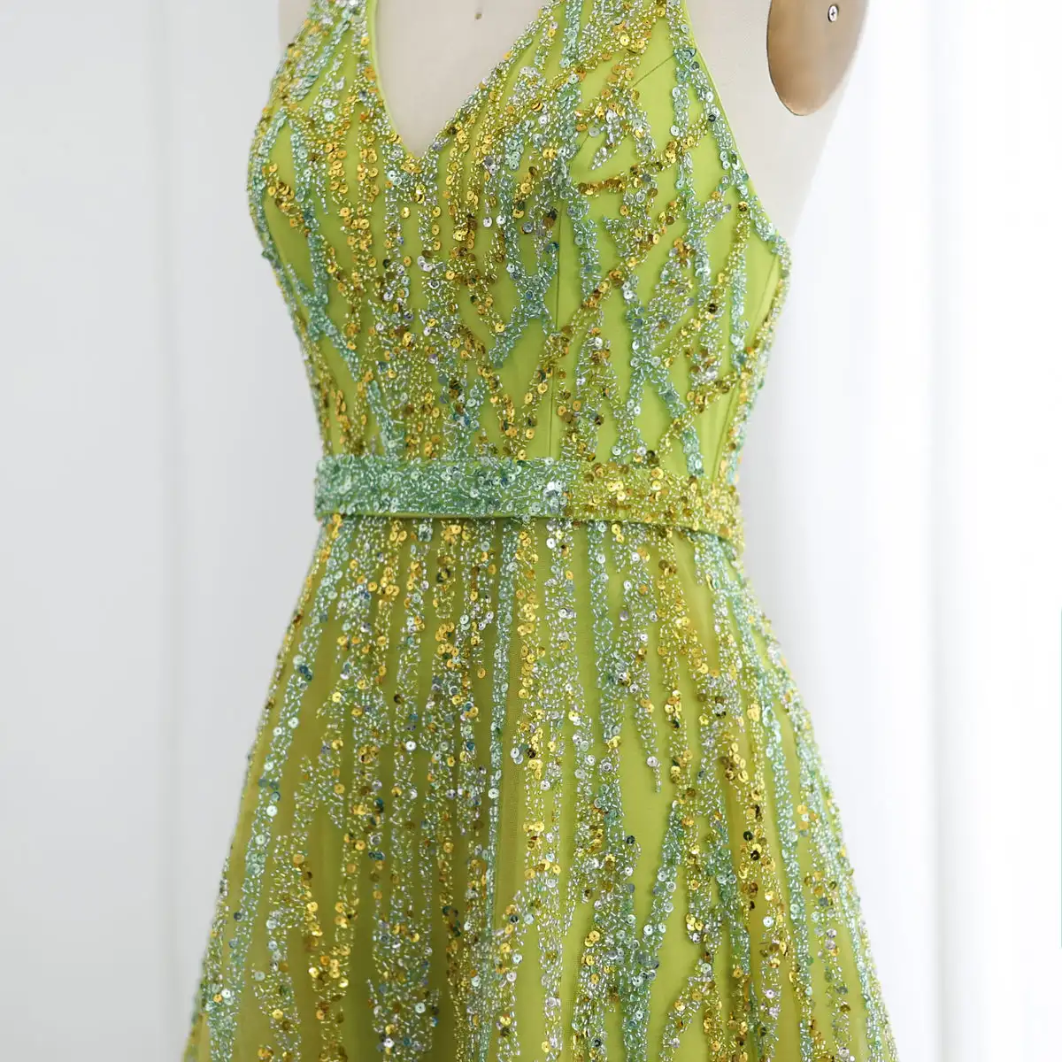 Jancember Beaded Lemon Green Arabic Evening Dresses With Halter High Low Dubai Women Wedding Party Gowns Lsz472