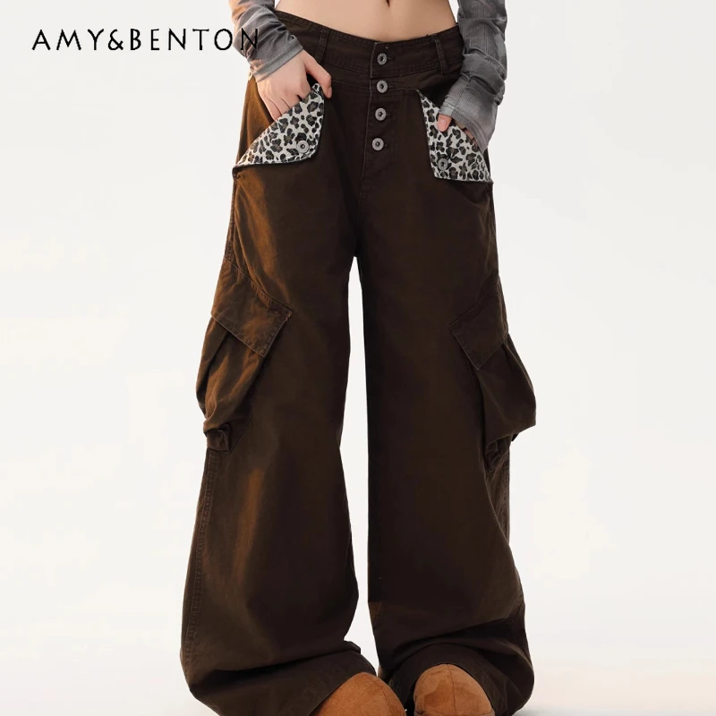 

American Retro Leopard Print Splicing Pocket High Waist Women's Overalls Autumn Winter Pleated Floor-Length Wide-Leg Pants Girl