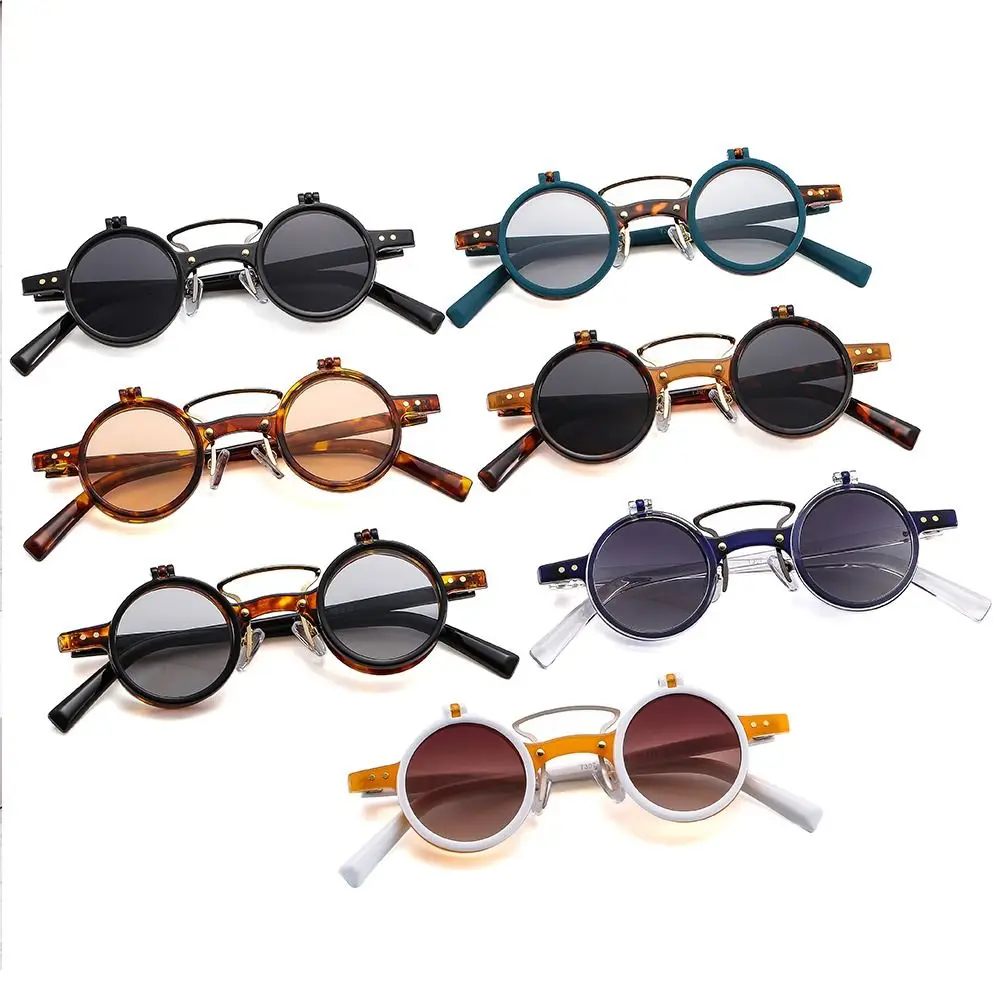 Gafas de sol redondas de Metal para hombre y mujer, lentes de sol Retro con tapa abatible hacia arriba, estilo Steampunk, de marca