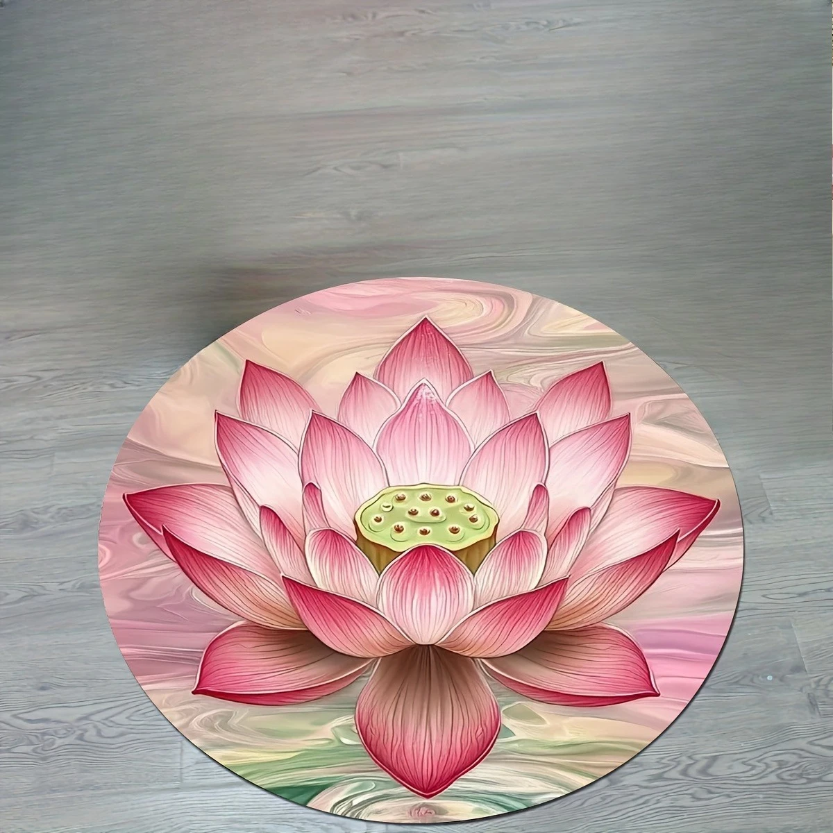 Pastel Marble Pink Lotus Circular Area Rug  Floral Art Print Anti Slip Round Doormat Zen Style Living Room Chair Mat