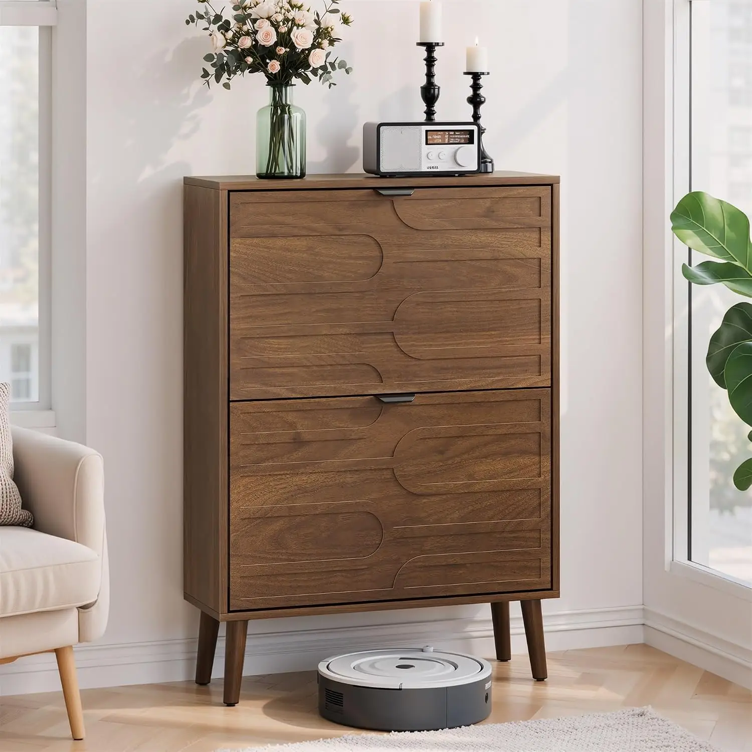 Mid-Century Modern Shoe Cabinet with Geometric Doors, Slim Entryway Storage, Walnut Finish, Customized