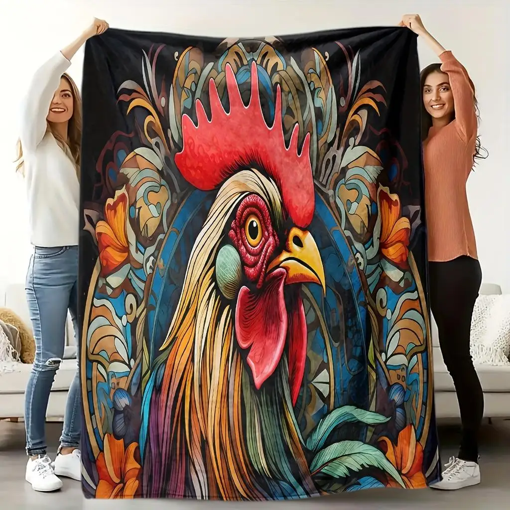 Super Colorful Rooster Art Throw Blanket Neo Traditional Tattoo Style Sofa Decor Cozy Living Room Accent Gift
