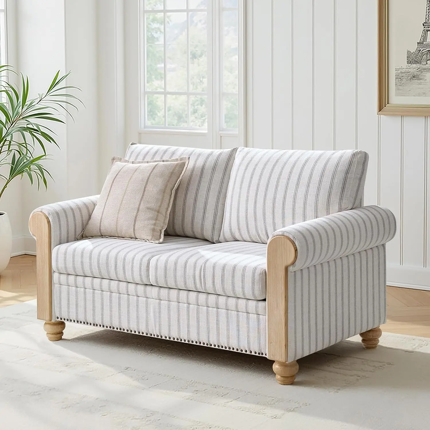 Farmhouse Loveseat Rolled Arms Stripe Wood Gourd Feet & Copper Nailhead Trim Linen Upholstered Living Room Sofa, Customized