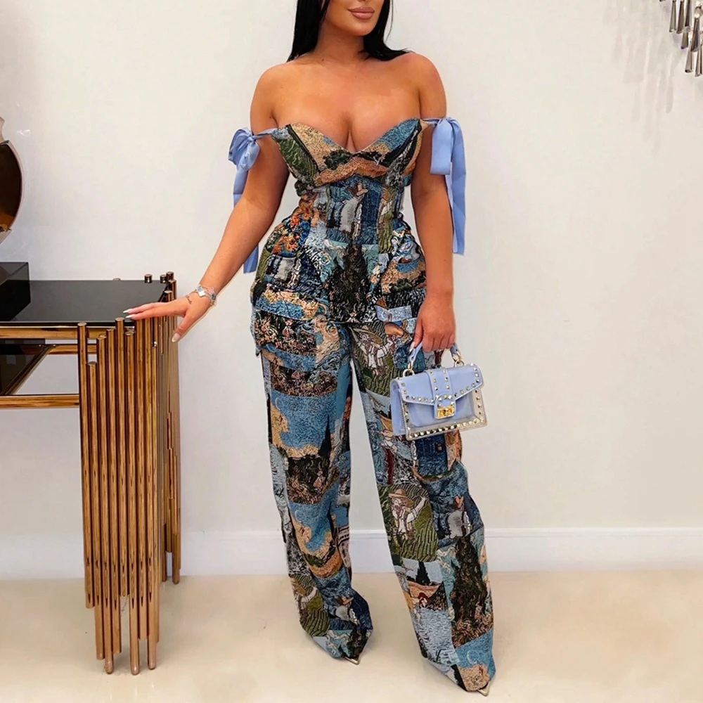 

2 Pices Set Outfits Women Off Shoulder Long Sleeve Top and Wide Leg Pants Set Elegant Two Pieces Sets y2k Outfits