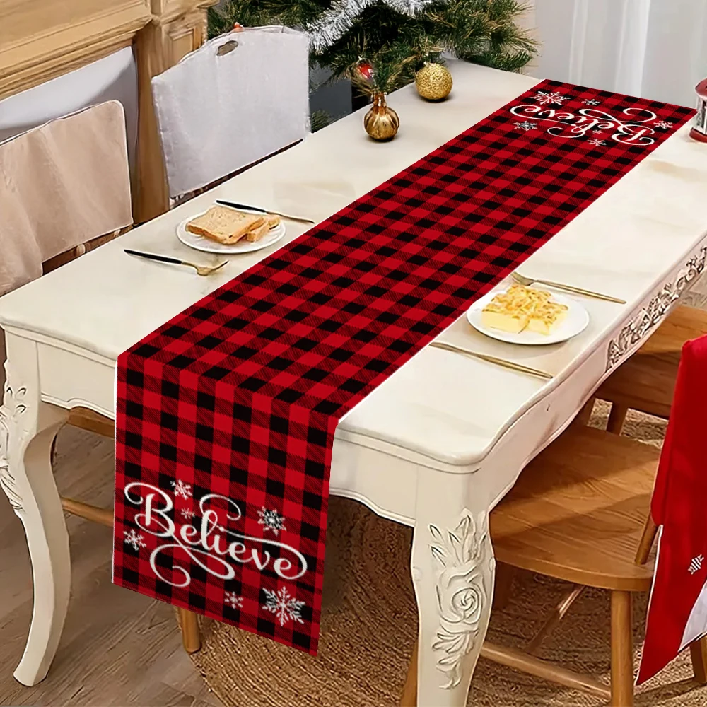 Red Black Buffalo Plaid Christmas Table Runner Believe Snowflake PrintTable Flag Holiday Dining Table Decor for Home Kitchen