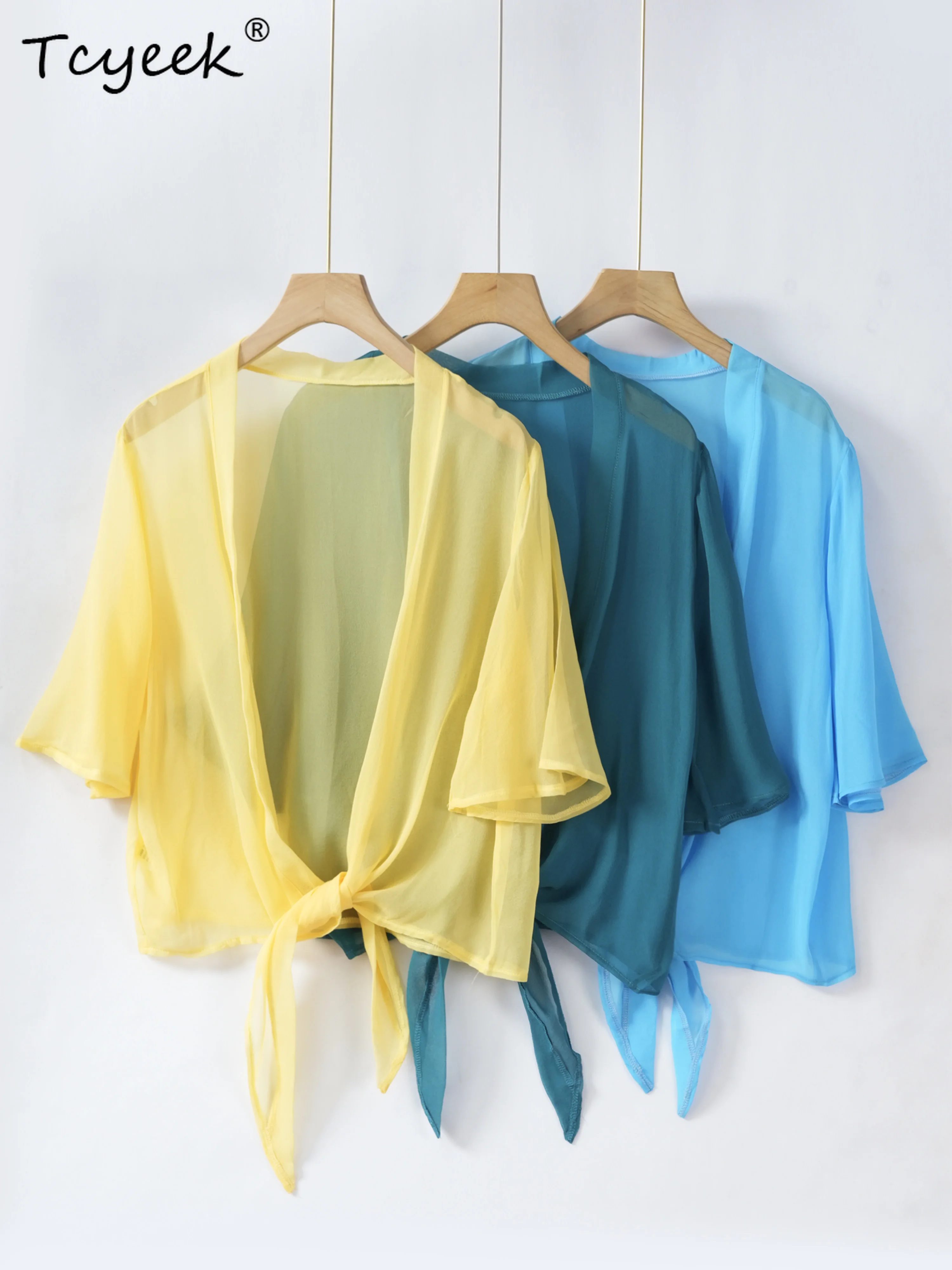 Tcyeek 100% Mulberry Silk Summer Short Sleeve Tank Top Exterior V-neck Solid Color Lace Up for Sun Protection Cardigan 여름가디건