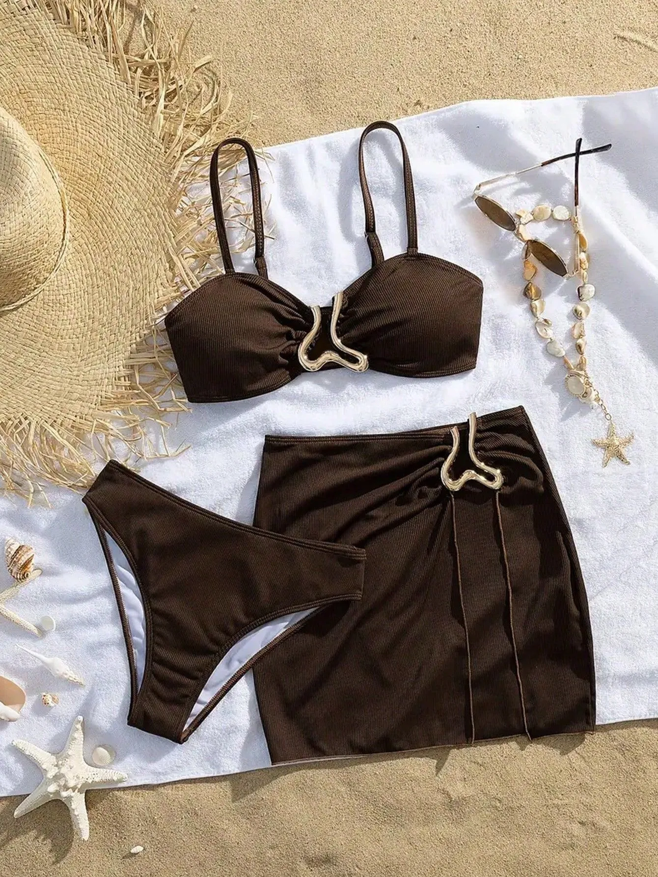 

Seductive Bikini Fashionable Minimalistic Monochrome Bikini Asymmetric Golden Accented Bikini Three Piece Vacation Swimwear