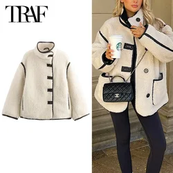 TRAF Teddy Fleece Women's Warm Winter Jacket 2024 Autumn Oversized Parkas Long Sleeve Plush Jacket Coats New In Outerwears