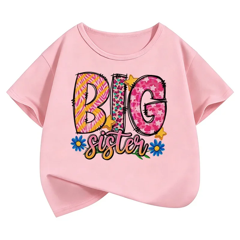 Kids White Short Sleeve T Shirt Colorful Pattern Big Sister Letter Floral Print Crew Neck Girls Casual Summer Tee