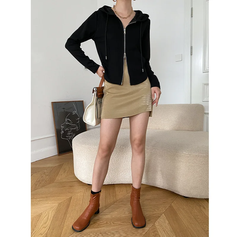 2025 New Women's Slimming Double Zipper Hooded Sweatshirt Slim Fit Jacket 2025 Autumn and Winter Solid Color Versatile Jacket