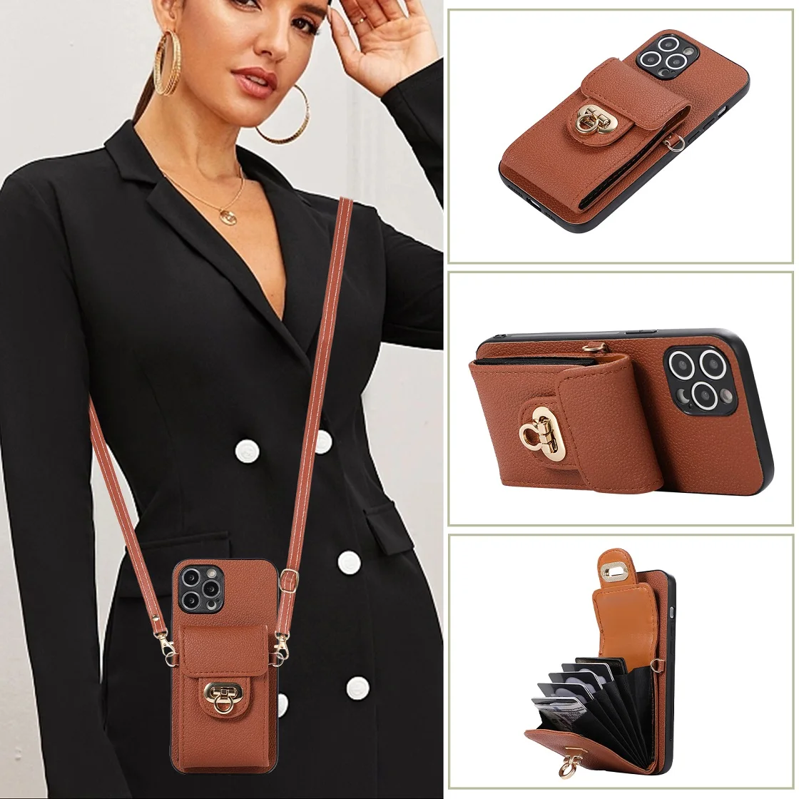 

Shoulder Lanyard Leather Card Slot Pocket Wallet Case For iPhone 11 12 13 14 15 16 Pro Max Plus Protective Purse Phone Bag Cover