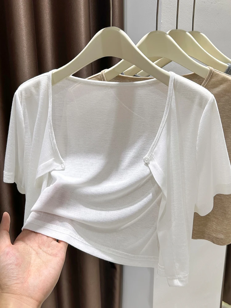 

White ort Sve Knitted Ice Silk Open Cardigan Women's Summer Thin awl Dr Outer Small irt Sun Protection Top