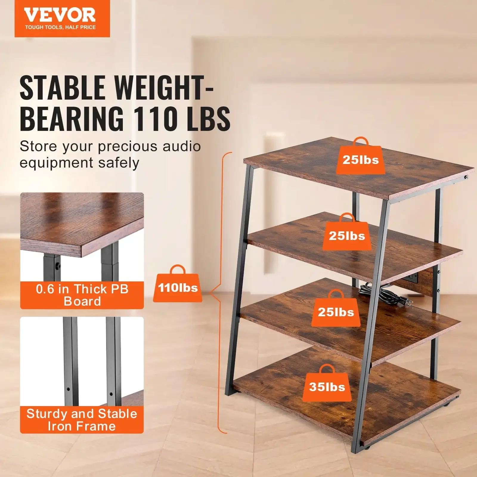 

4-Tier AV Media Stand with Power Strips, Corner TV Stand with LED Lights, Height Adjustable Wooden Shelves for DVD Players/Cable