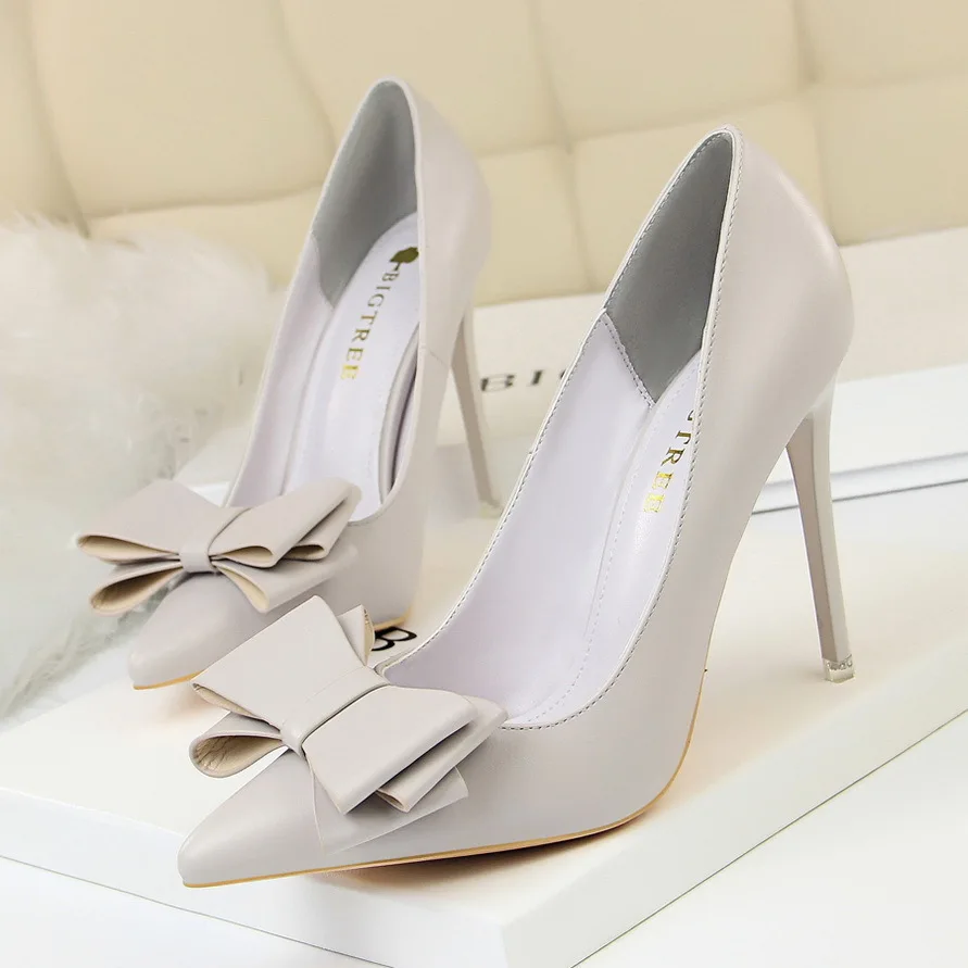 

2024 new pattern Korean Fashion Sweet High Heels Show Slim Notch Bow Tie Wedding Heeled Single Shoes Women Pumps