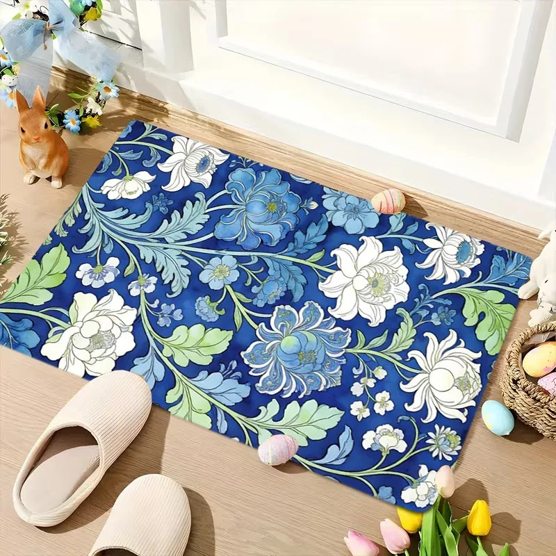 1pc 2d Flat Blue White Floral Vine Pattern Flannel Door Mat Non Slip Garden Style Rug Entryway Patio Sliding Door Decor