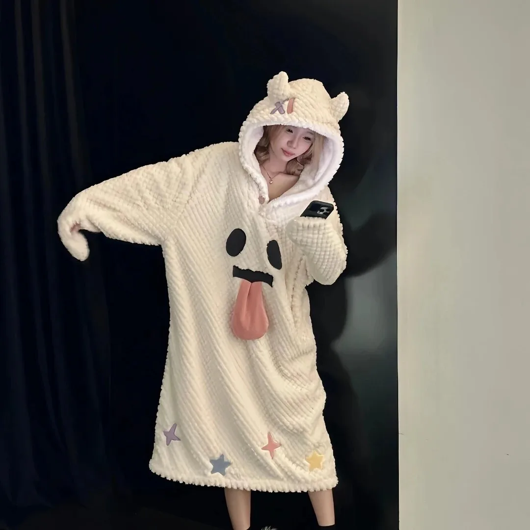 Cute Ghost Face Plush Pajamas Set Women Men Winter Fleece Thickened Warm Coral Fleece Robe Loungewear