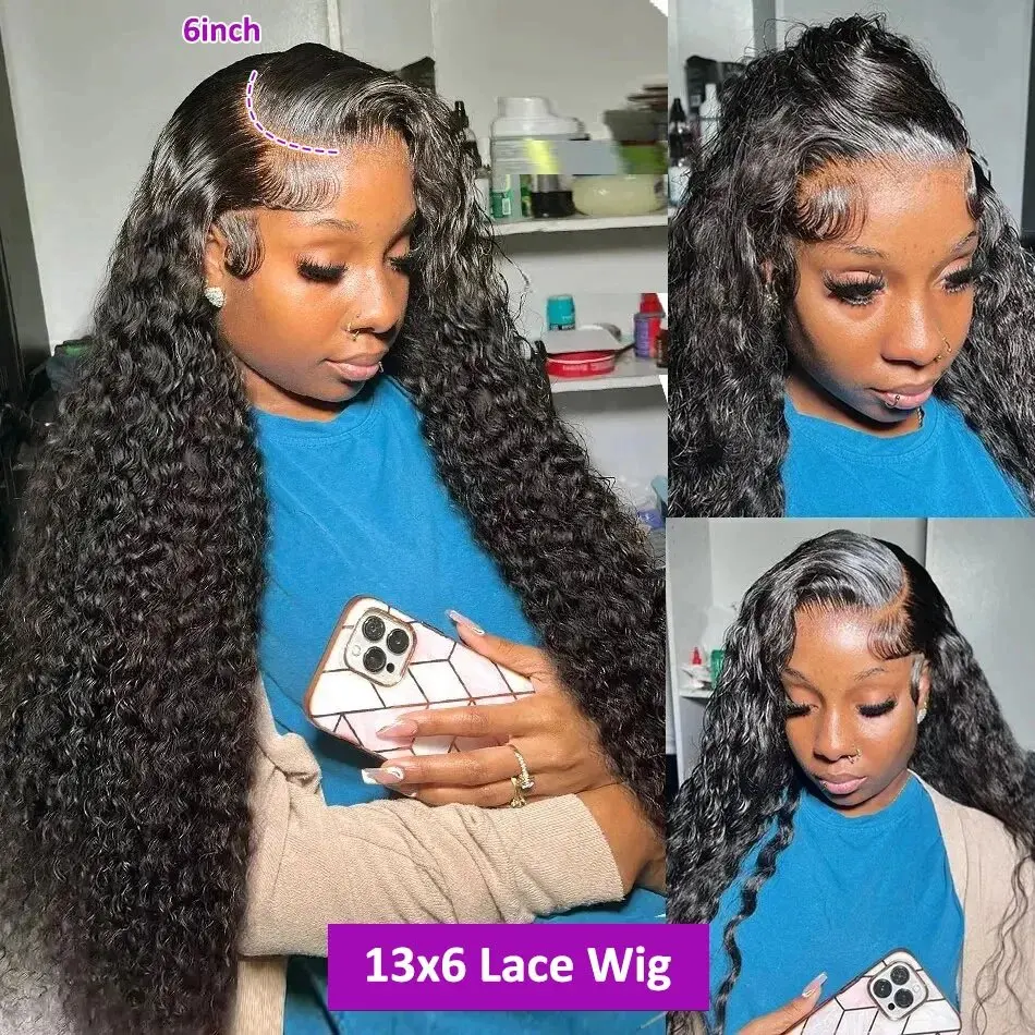 Perruque Lace Front Wig Deep Wave sans colle pour femme, cheveux humains, boucles transparentes, noir naturel, 13x6 HD, 22 pouces, densité 180, haute qualité