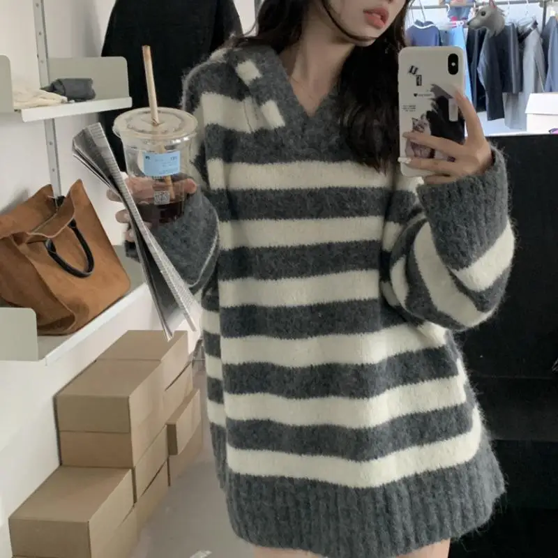 Retro Lazy Style Womens Outifits Autumn/Winter Stripes Knitted Pullover Women Sweater and Wide Pants E2504