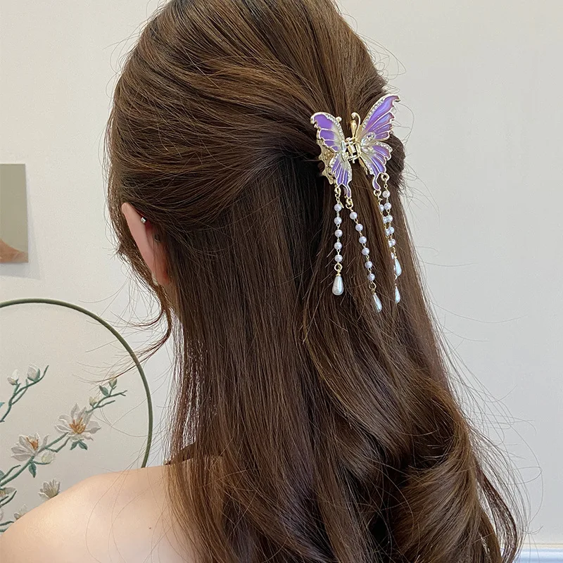 Trendy Colorful Metal Pearl Rhinestone Butterfly Hair Clip Women Luxury Superior Temperament Pendant Ponytail Hair Accessories