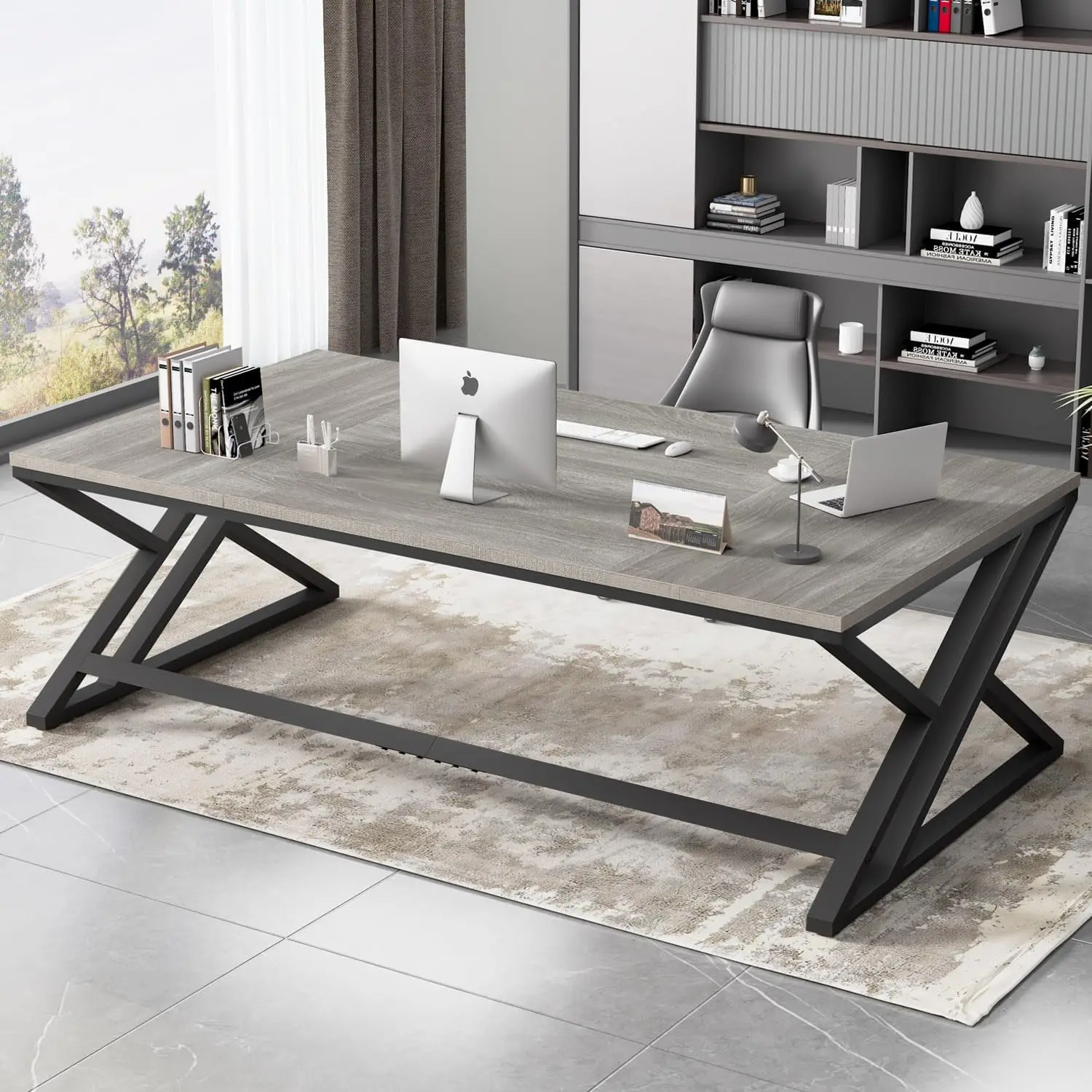 

70.8 Modern Office Desk, Large Long Wood Metal Computer Desk, Industrial Double Executive Desks for Two People