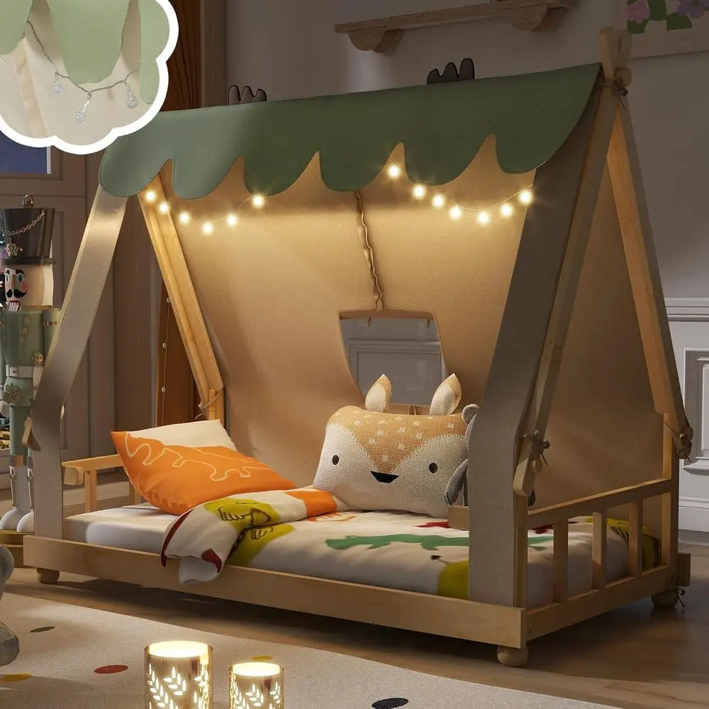 

Двуспальная кровать в стиле Монтессори с палаткой, подсветкой и игровым домиком для детей — натуральный и белый