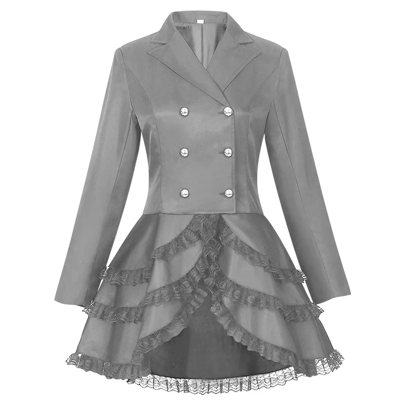 Women Lace Trim Lace-up High Low Coat Black Steampunk Victorian Style Gothic Jacket Medieval Noble Court Dress