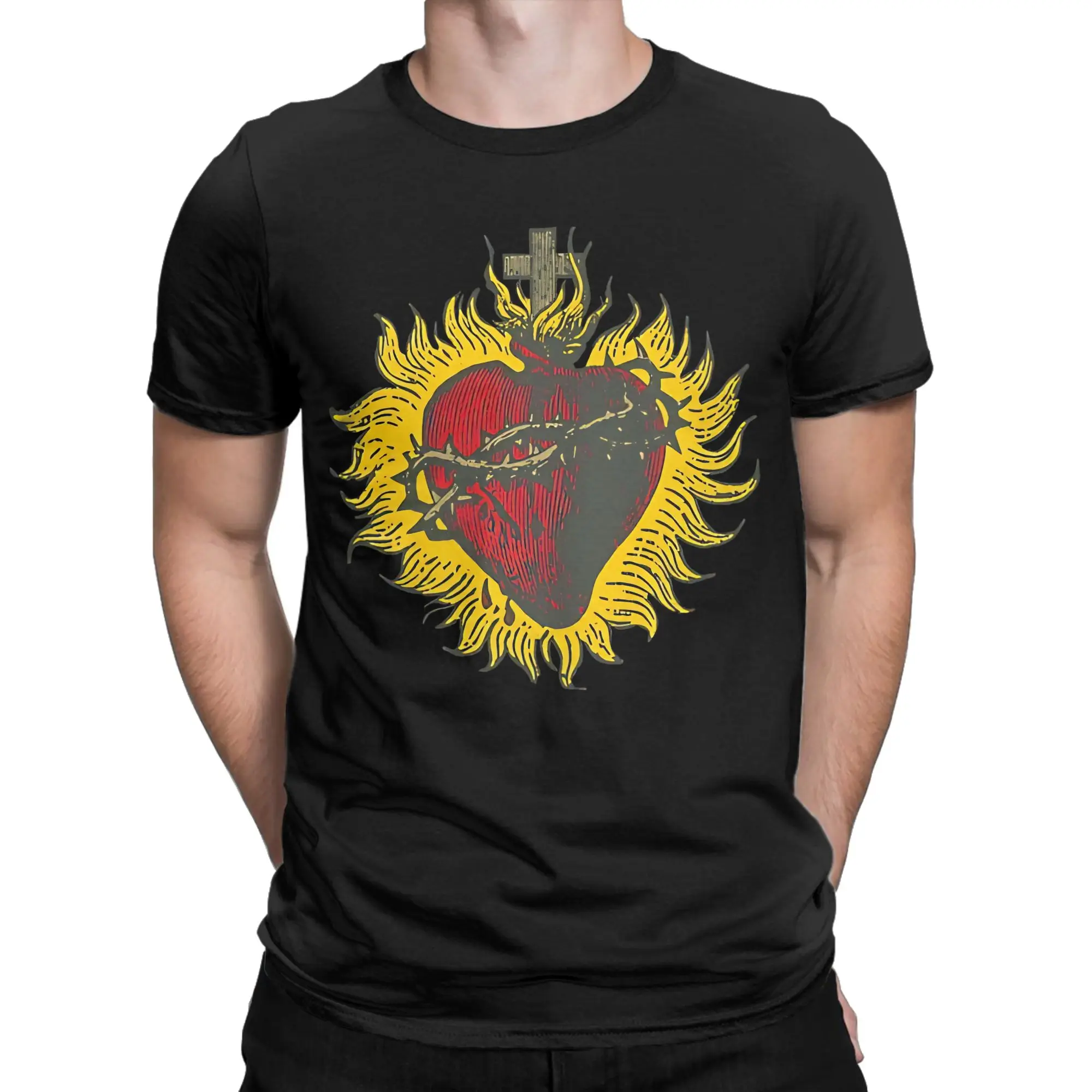 Sacred Heart On Fire  T-Shirt Men Sacred Heart Of Jesus Funny 100% Cotton Tees Crew Neck Short Sleeve T Shirts Gift Idea Tops