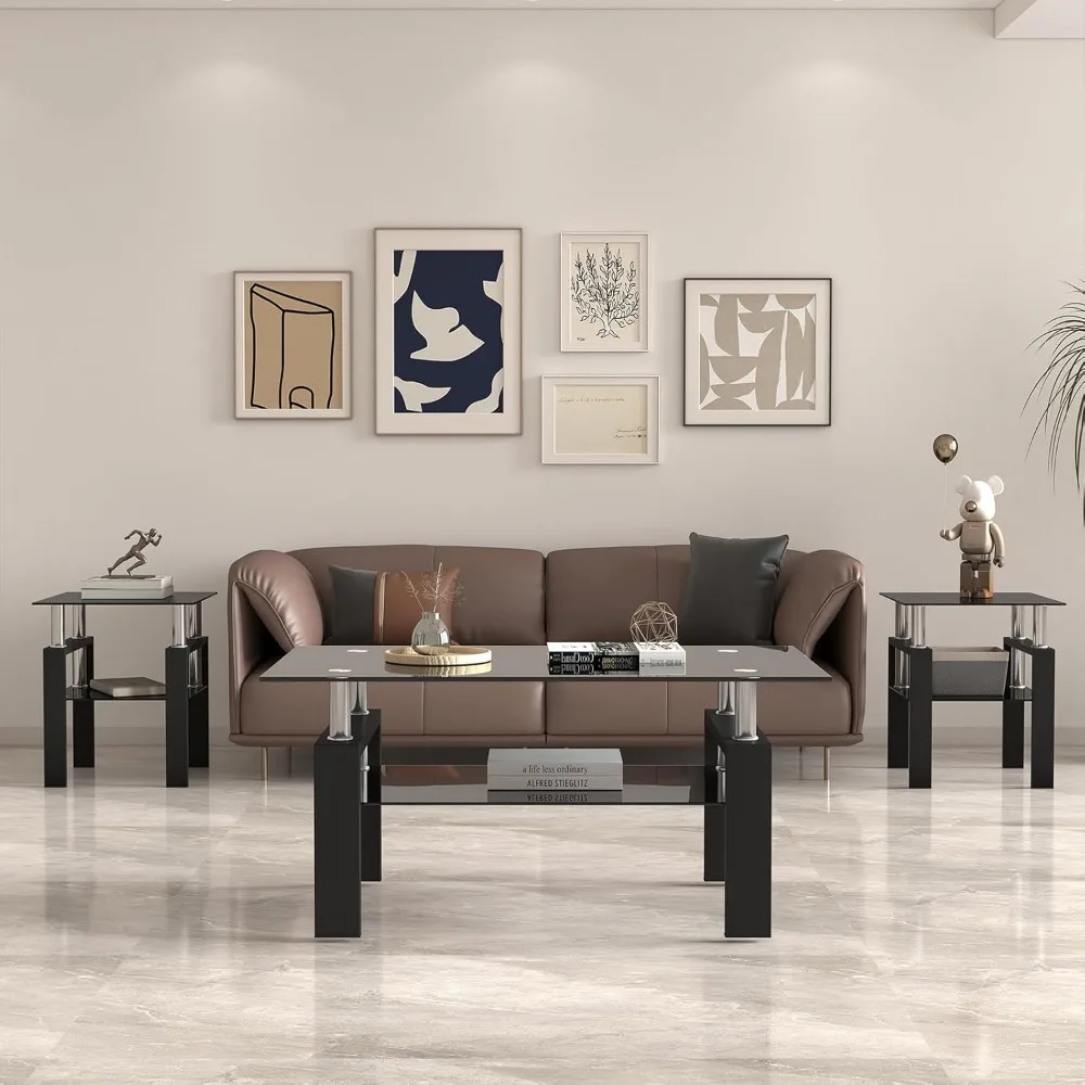 3-Piece Black Glass Living Room Table Set: Coffee Table and 2 Side Tables with Metal Frame