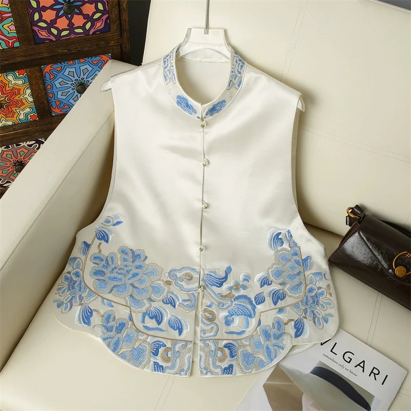 

Женские жилеты Женские куртки Абрикосовый новый национальный стиль Жилет с китайской вышивкой Ранняя осень Жилет Майка Куртка с вышивкой