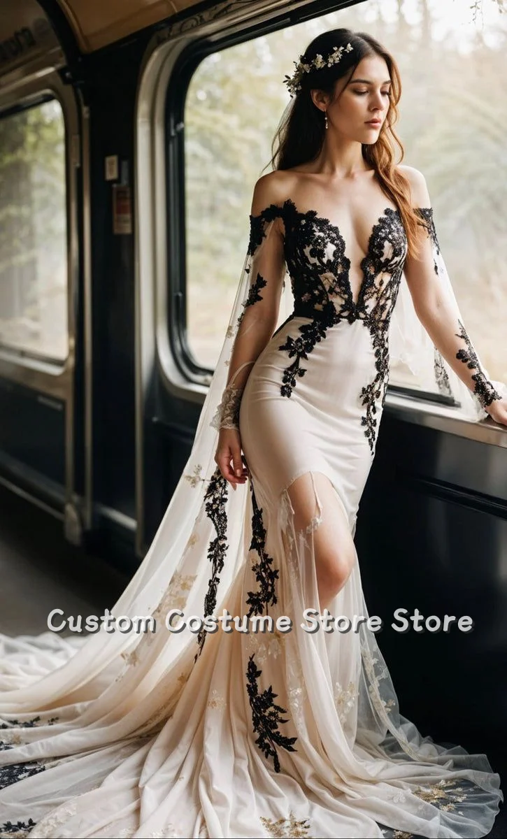 تخصيص أبيض وأسود مثير الخامس الرقبة فستان الزفاف الجديد المفاجئة الكتف تول كم طويل الدانتيل مطرز زين ذيل السمكة الطابق لين