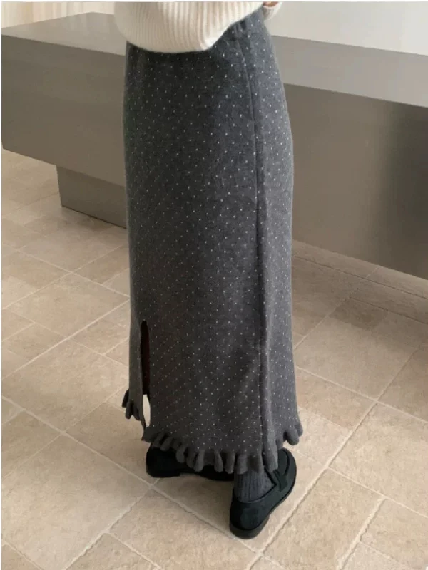 Deep Grey Polka Dot Wooden  Knitted Half Skirt Women's Beautiful Spring Autumn  Midi Skirt High Waist A-Line Skirt