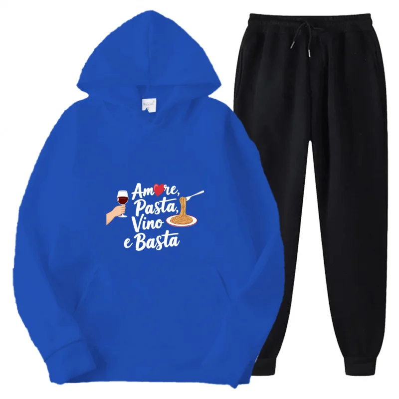 طقم هوديي رمادي + نمط ونص مطبوع Amore Pasta Vino e Basta