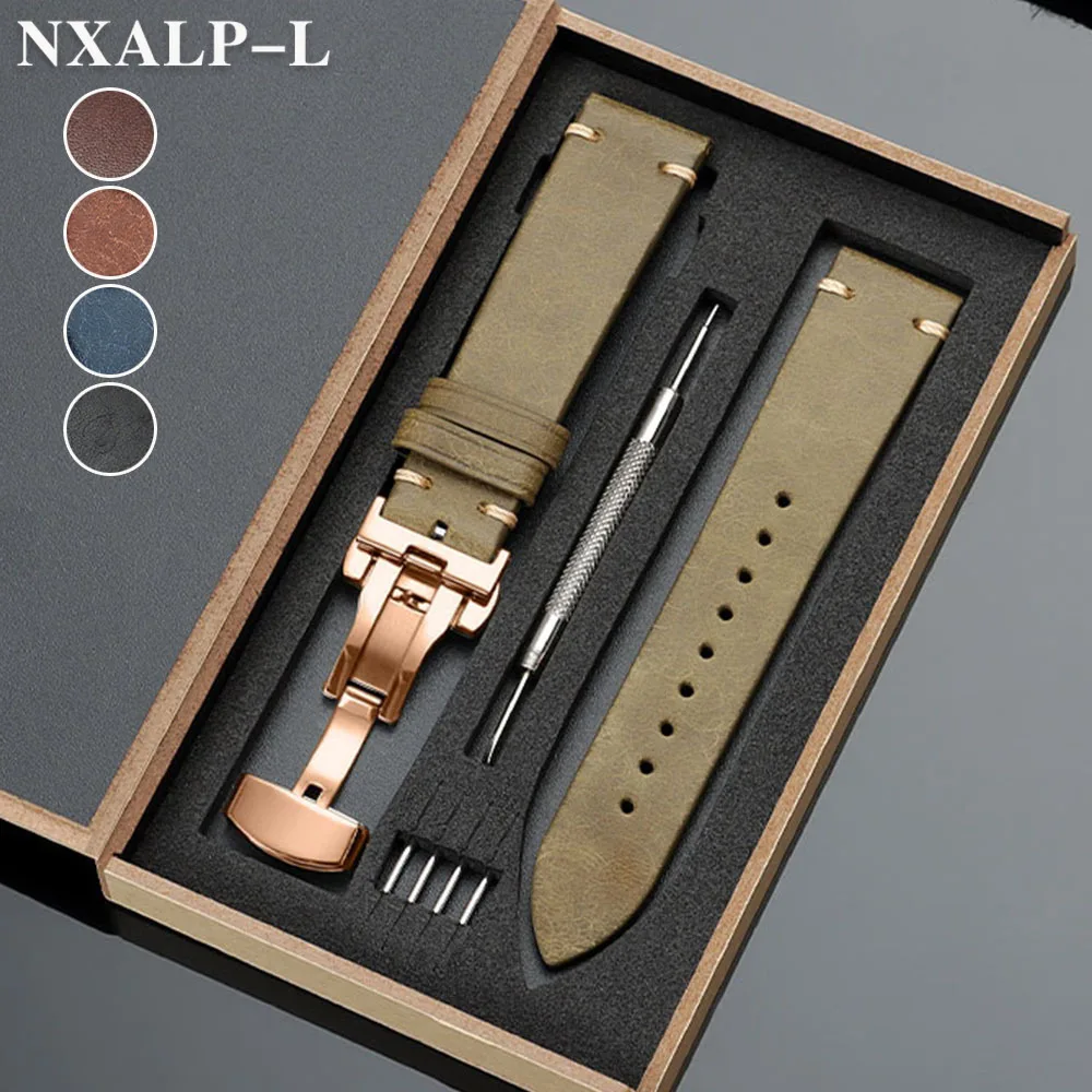 

Ремешок из натуральной кожи 20 мм 22 мм с деревянной коробкой для часов Omega и Seiko, мужской и женский, деловой, из воловьей кожи, с застежкой-бабочкой