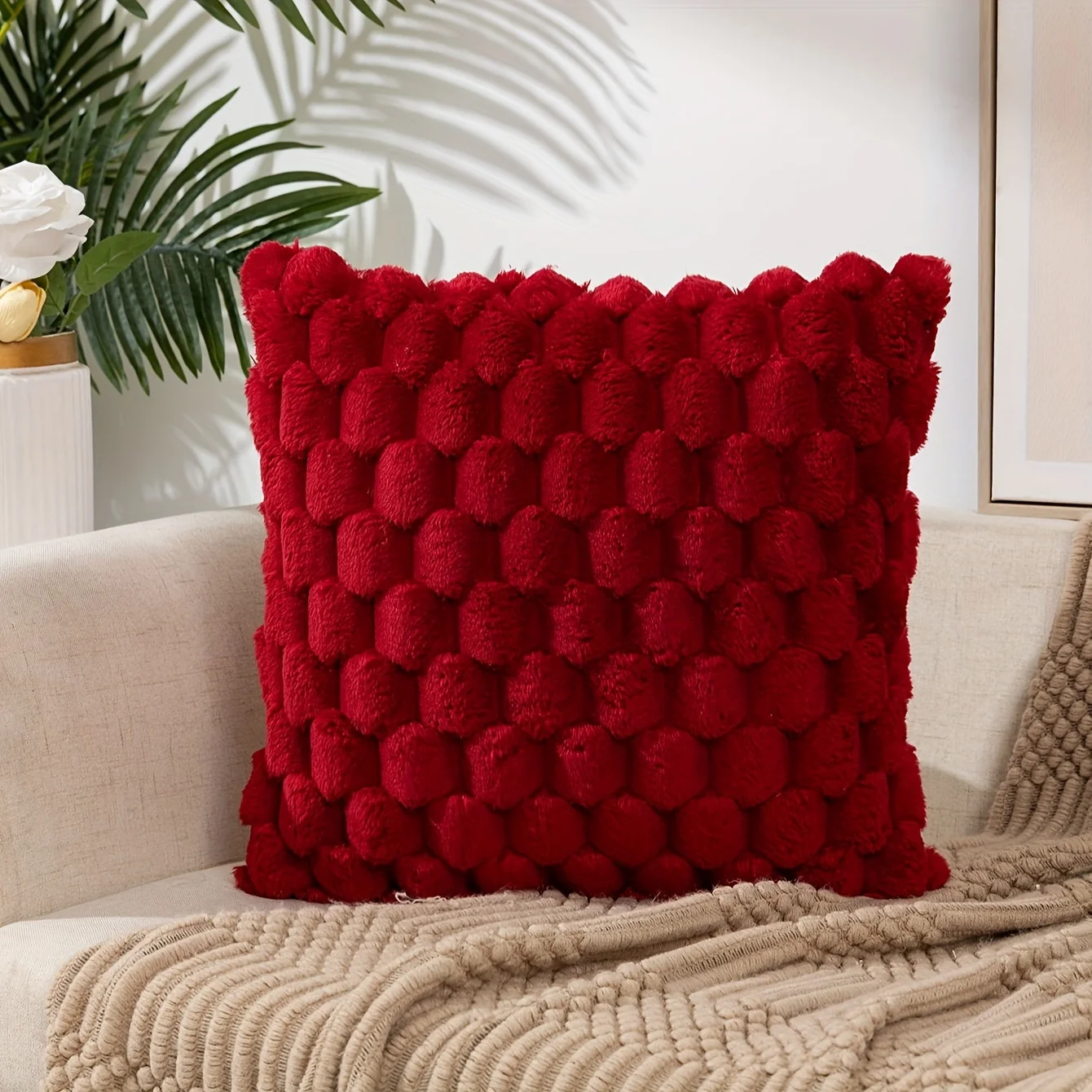 Plush Soft Pillowcase Solid Color Cushion Cover Red Throw Pillow Cover Home Decorative for Sofa Living Room Bedroom Cushion Case