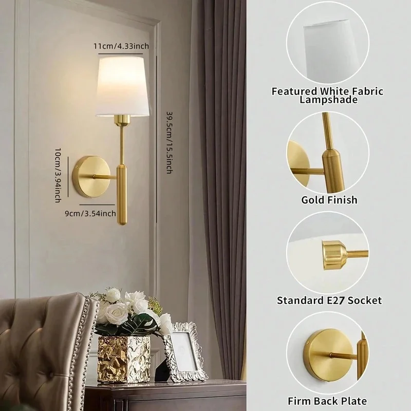 Modern Brass Wall Sconce White Fabric Shade Gold Metal Vertical Rod LED Wall Lamp For Bedroom Bedside Hotel Corridor Living Room