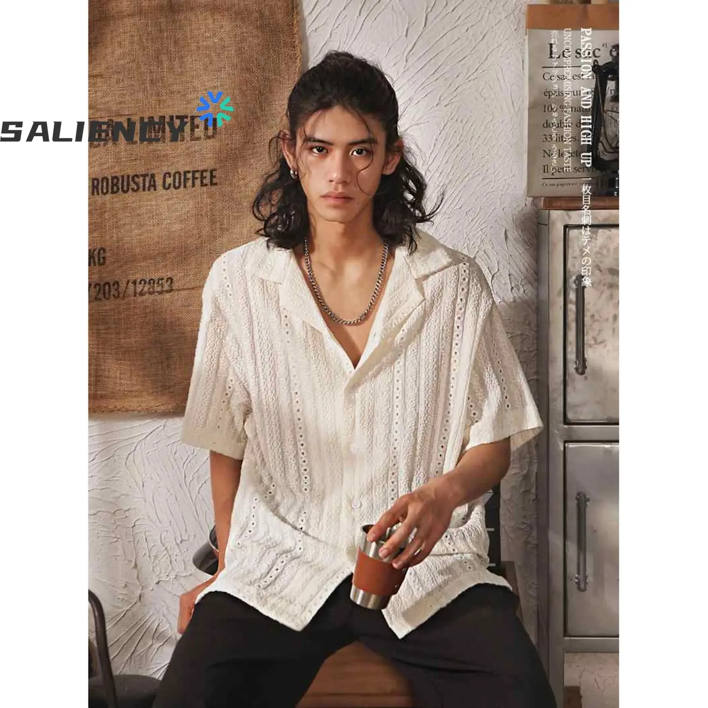 Summer Premium Hollow Out Cuban Collar Short Sleeve Shirt Men Relaxed-Fit Casual Retro Shirt for Men Light Mature Texture Top