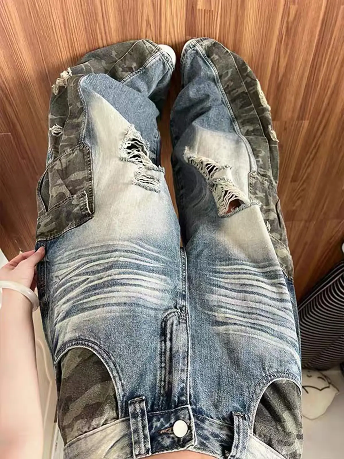Color Block Patchwork Distressed Wide Leg Jeans Women Retro High Street Cargo Style Y2K Loose Denim Pants
