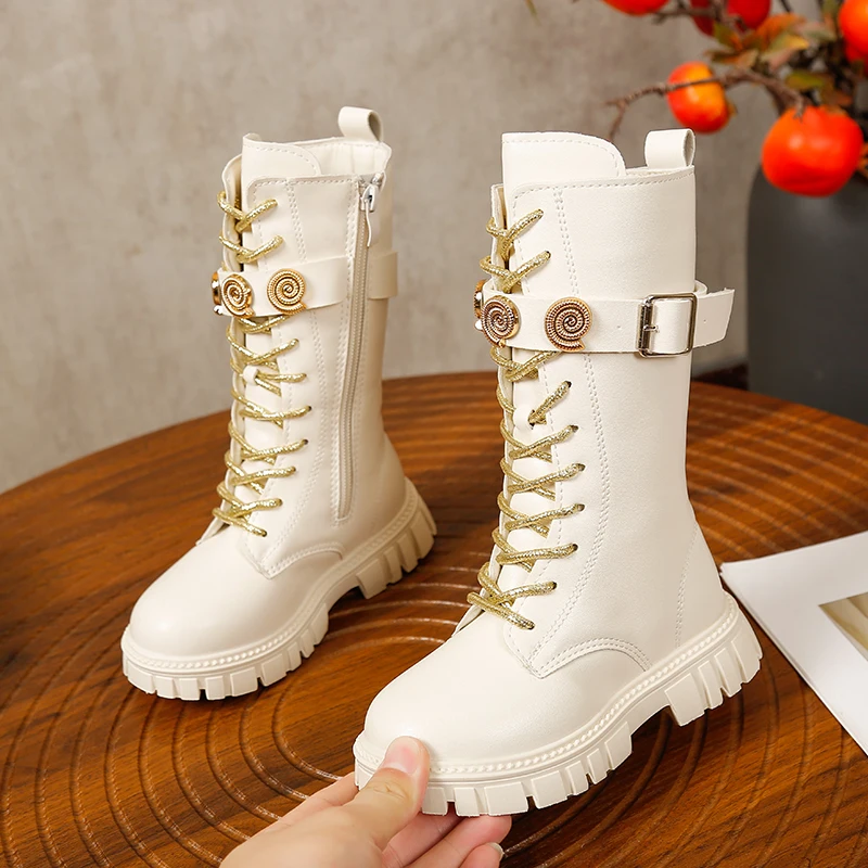 Girls Kids Knee High Boots Faux Leather Metal Buckle Strap Side Zipper Thick Sole Fashion Children Long Boots Girls Fashion Shoe
