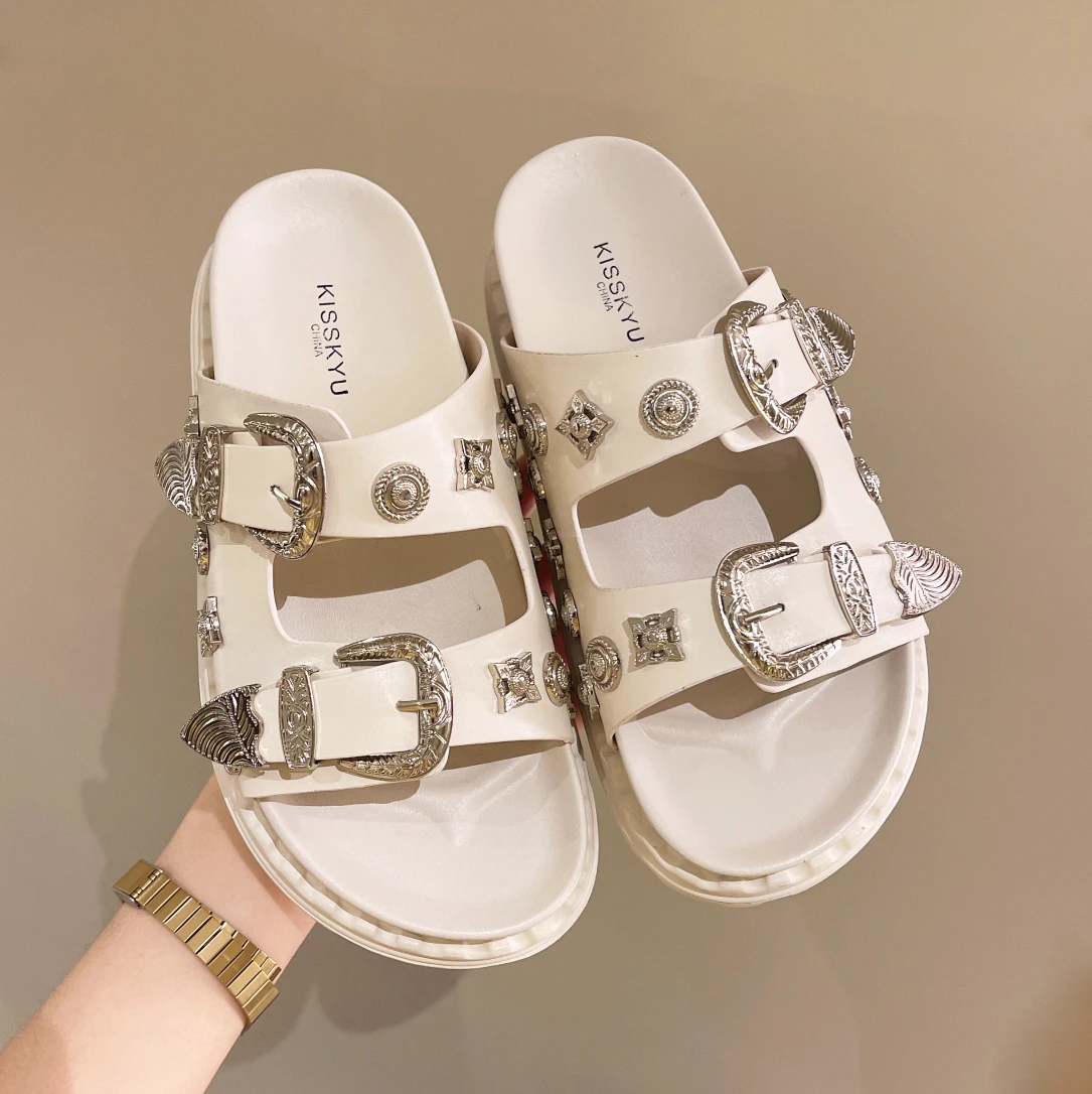 Summer Women Slippers Punk Rock Rivets Platform Leather Mules Creative Metal Fittings Slippers Female Casual Sandals Shoe Slides