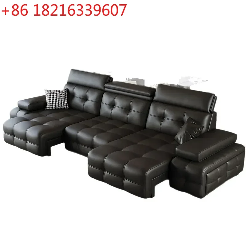 YAO Electric Leather Sofa First Layer Cowhide Black Adjustable Multifunctional Retractable Dual-purpose Straight Row Sofa Bed
