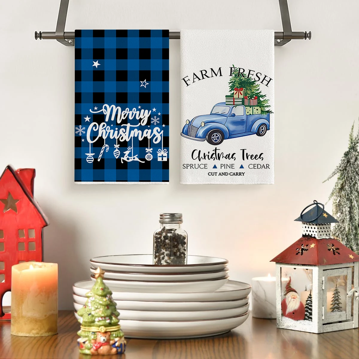 2/4 قطعة مناشف مطبخ عيد الميلاد، أزرق أسود شبكة الجاموس مزرعة شجرة عيد الميلاد شاحنة نمط أطباق، منشفة سهلة التنظيف #3