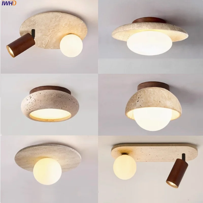 IWHD اليابان وابي سابي LED أضواء السقف غرفة نوم الحمام الممر إضاءة المنزل الأصفر الترافرتين مصباح السقف Lampy Sufitowe