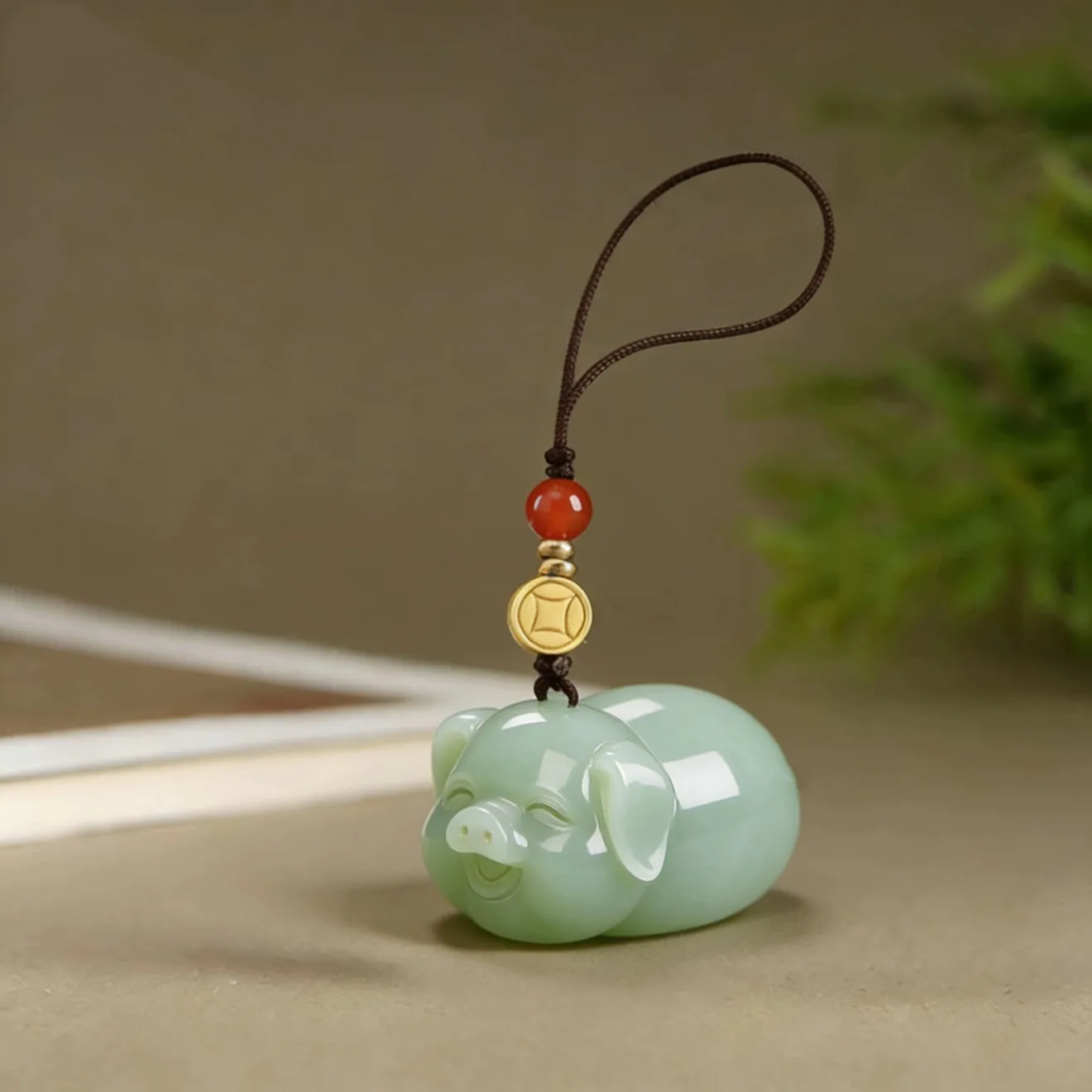 Chinese Style Lucky Hetian Green Jade Zodiac Pig Pendant Wealth Attracting Blessing Amulet Phone Lanyard Keychain Natural Jade