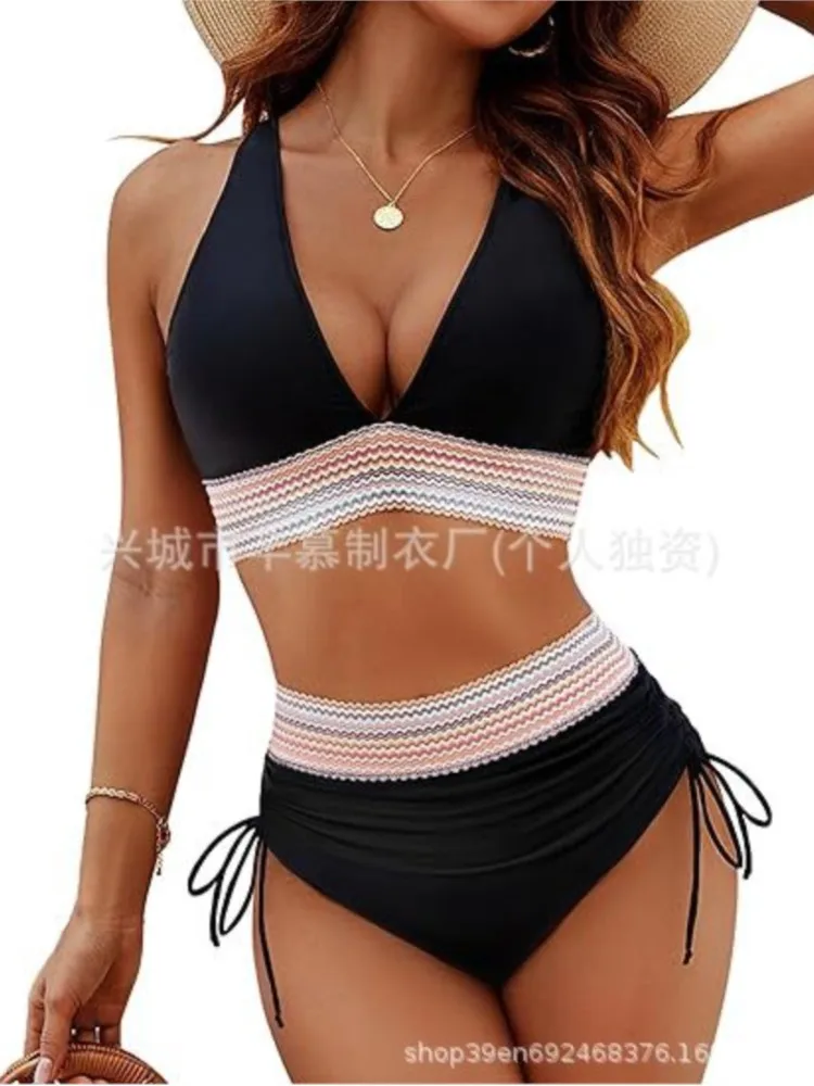 Beachwear Women's Bikinis And Tankinis New Swimsuit Sexy Bikini Halter Neck Leace-up Contrast Simple Style Backless Temperament
