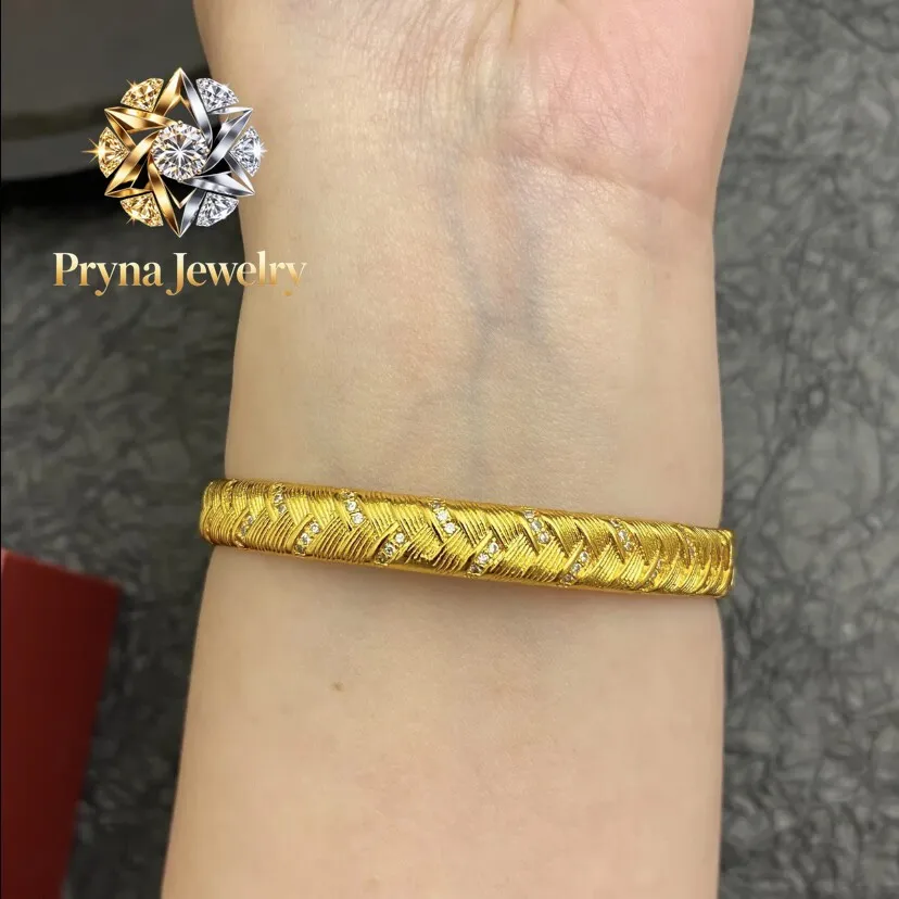 

Pryna Jewelry Luxury 24K 9999 Pure Gold real gold Women's Point Drill Brushed Woven Wheat Snap Vintage Bracelet
