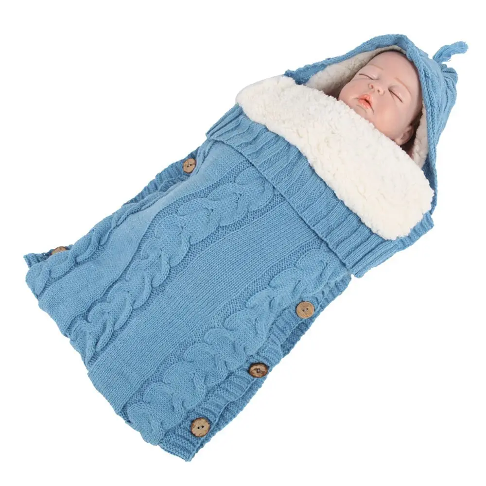 น่ารักหนาฤดูหนาวถักปุ่มทารกแรกเกิดผ้าห่มเด็ก Swaddle Wrap Swaddling รถเข็นเด็ก Swaddle ถุงนอน