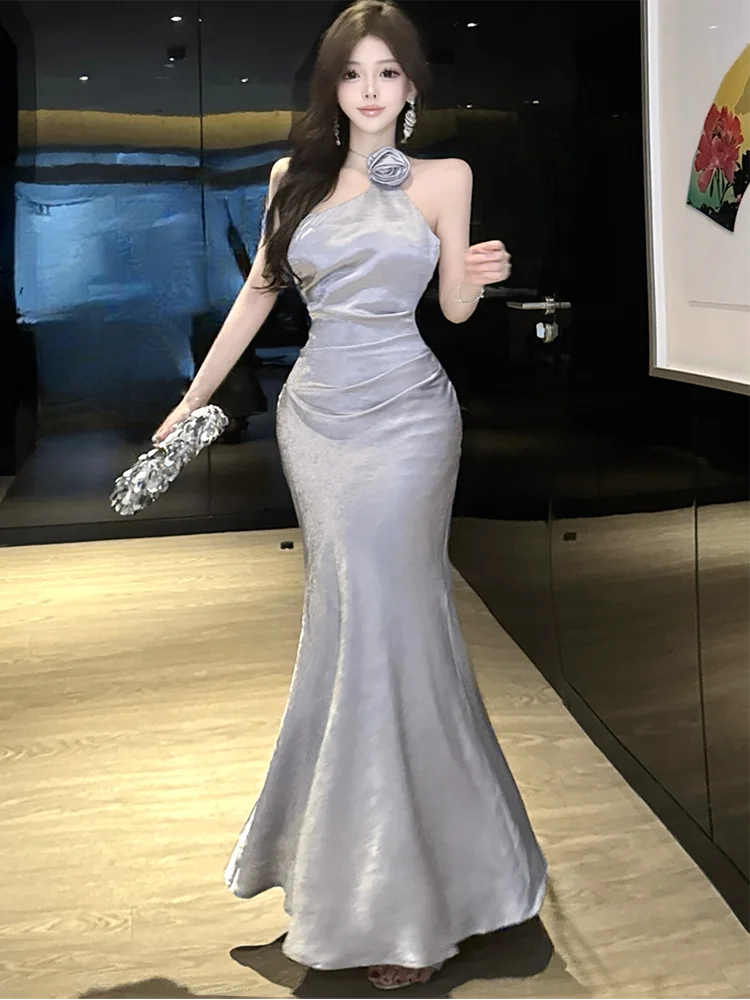 ฤดูร้อนAcetateซาตินChicดอกไม้คอชุดผู้หญิงBacklessเซ็กซี่ชุด 2025 เกาหลีVINTAGEหรูหราVestidos