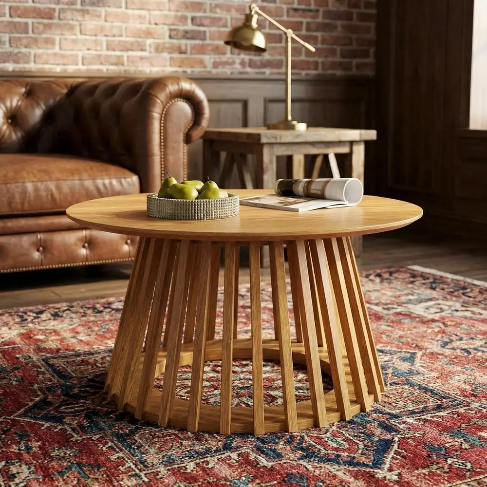 

Geometric Base Solid Wood Round Coffee Table, Durable Centerpiece for Living Room, Lounge, Office, Log Color