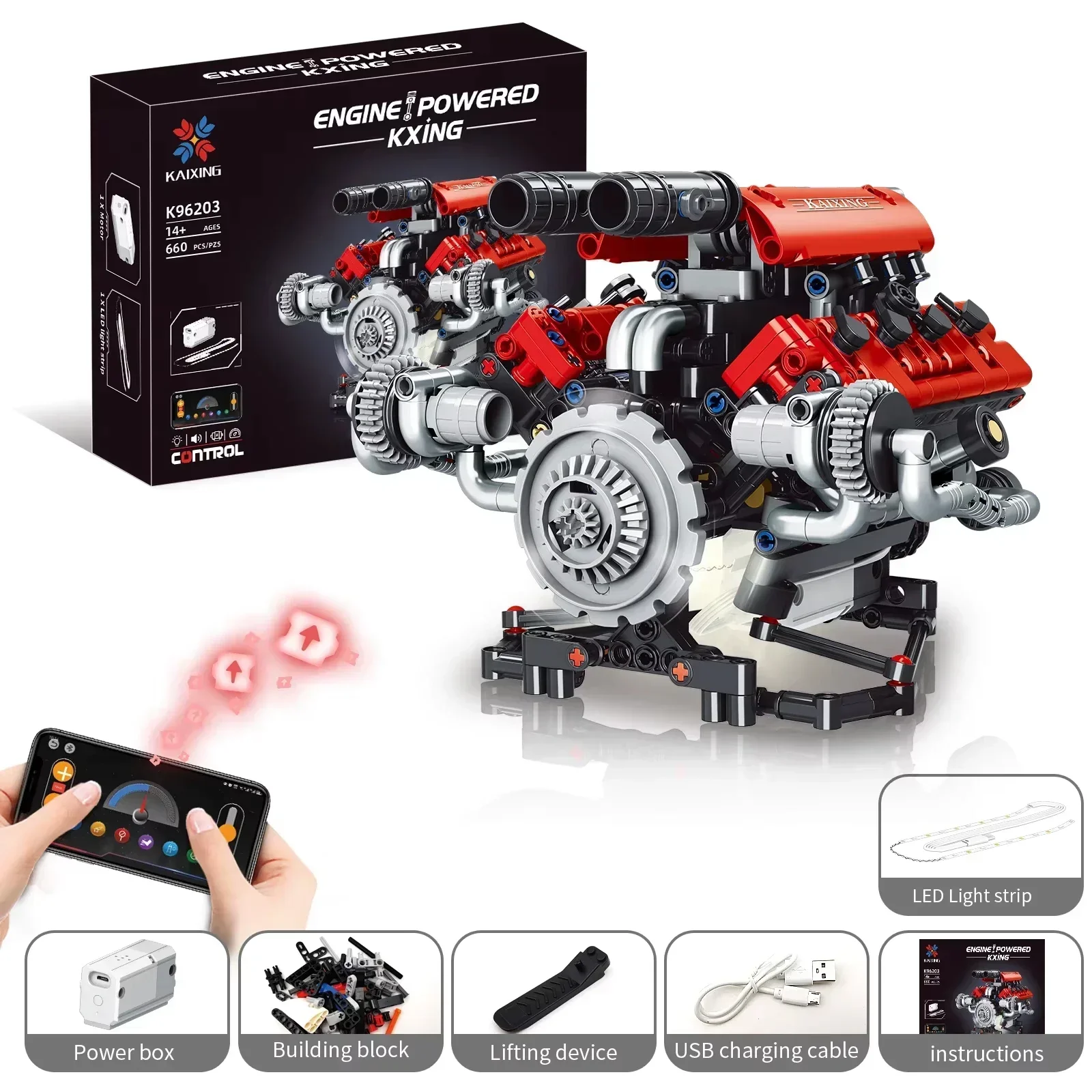 

K96203 660 шт. Моторизованный комплект для сборки двигателя V8 со светодиодной подсветкой и управлением через приложение - развивающая игрушка STEM для детей и взрослых