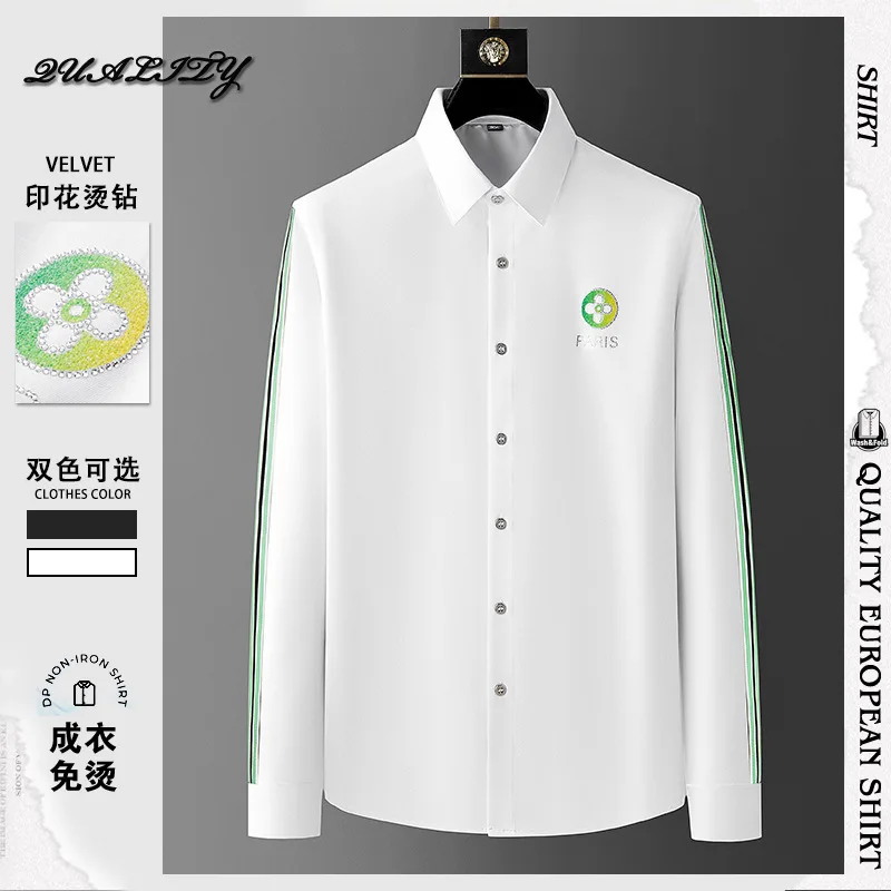 Trendy European long sleeved shirt, men's slim fit, no iron, heavy craftsmanship diamond hot diamond men's shirt